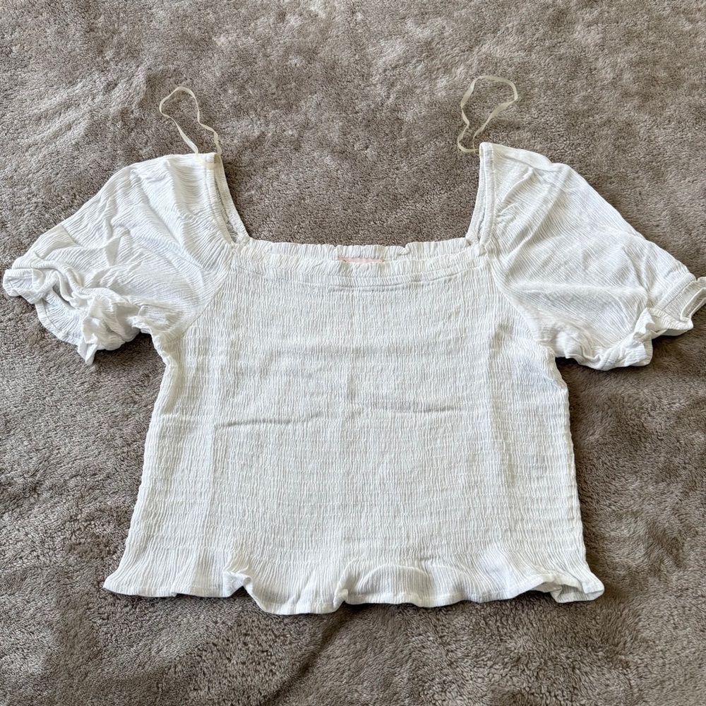 SO White Smocked Puff Sleeve Crop Blouse Size L